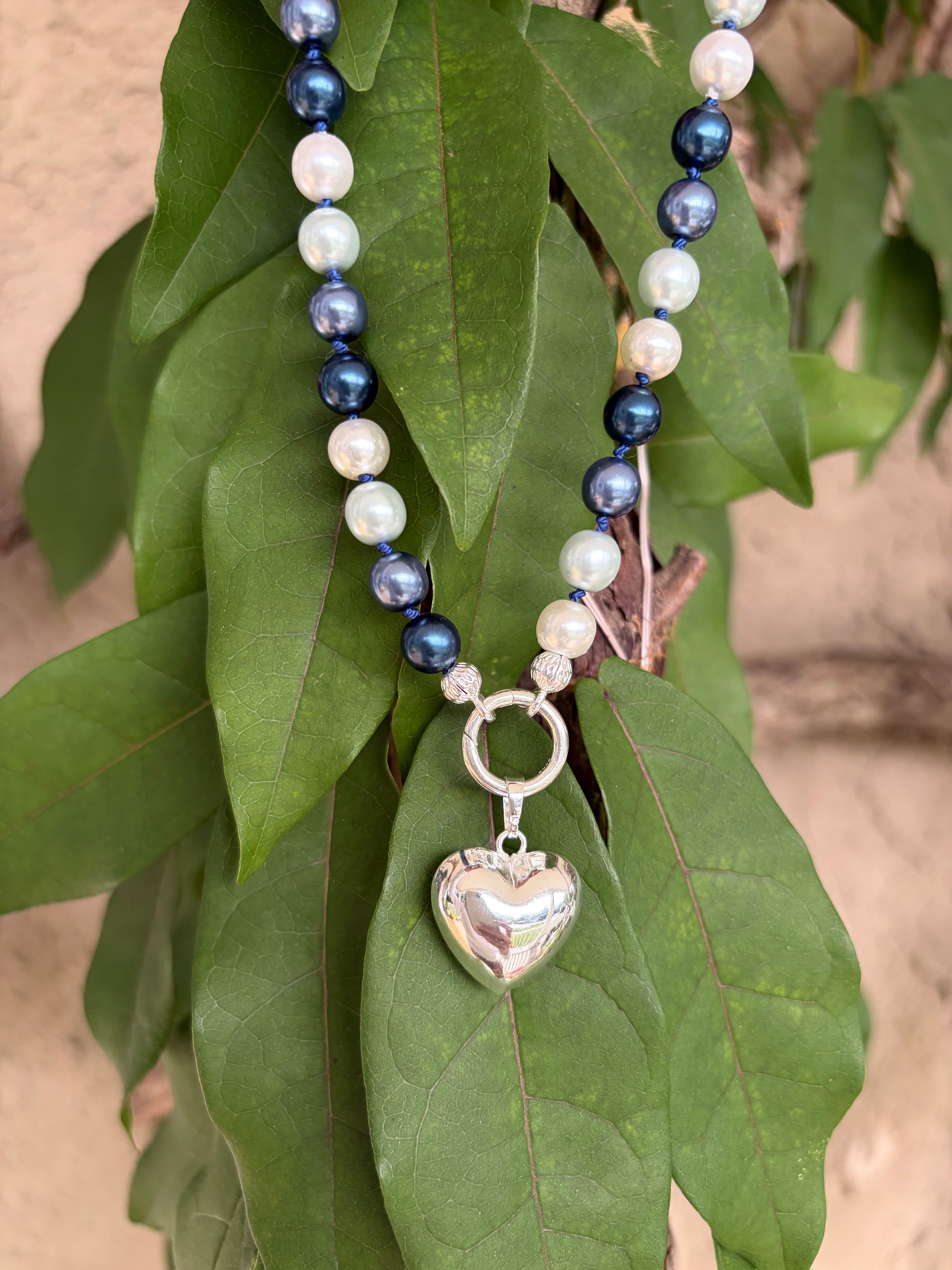 Glass Pearl Knotted Silk Necklace with Heart Charm