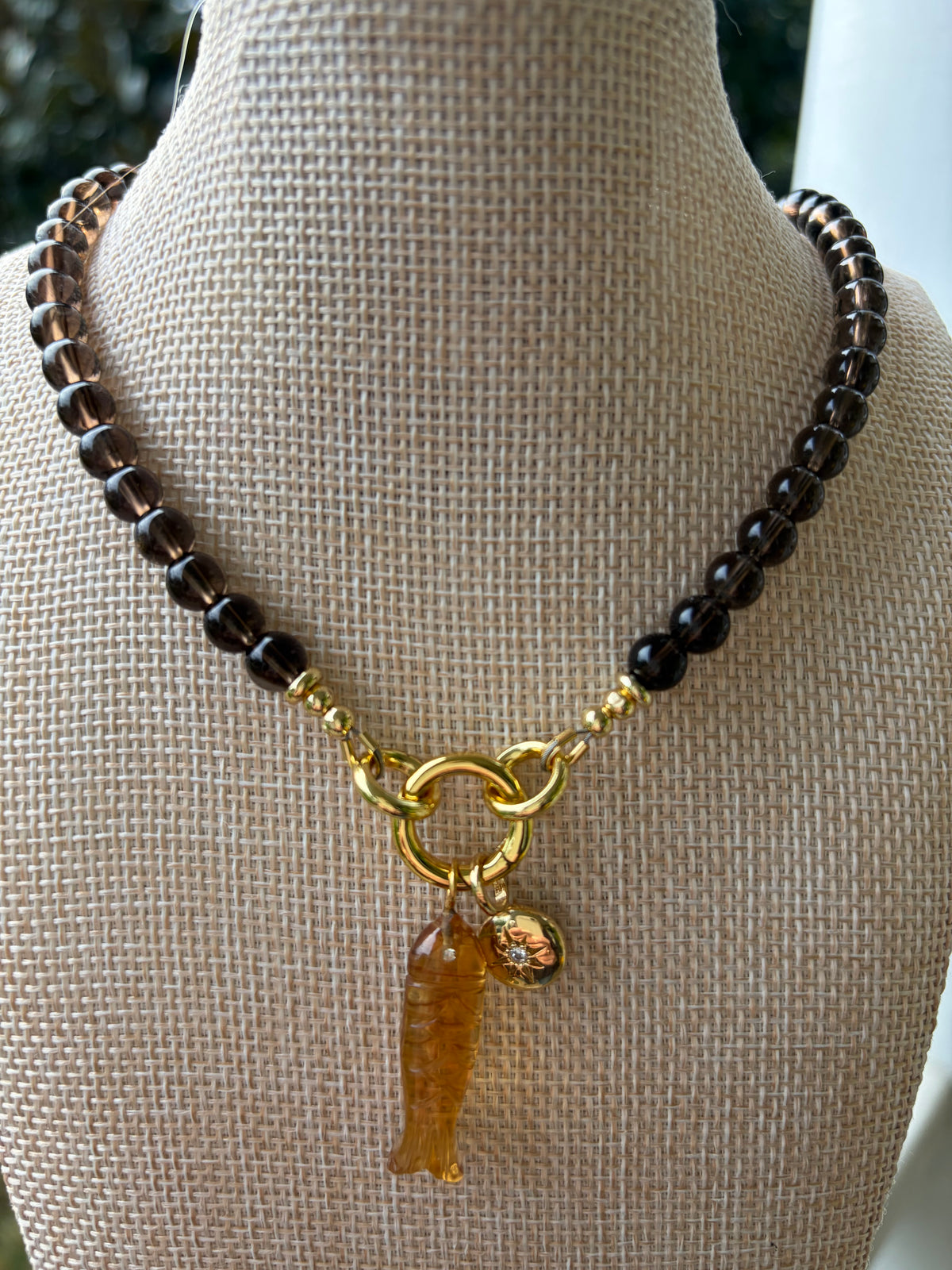 Smoky Quartz Beaded Necklace with Carved Fish Charm