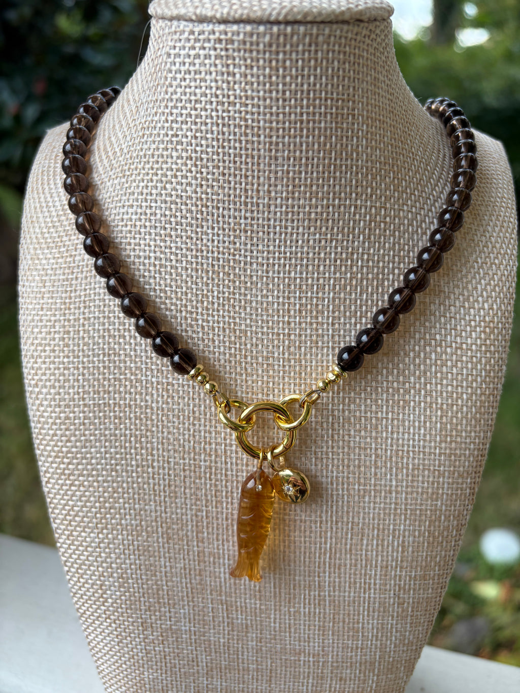 Smoky Quartz Beaded Necklace with Carved Fish Charm
