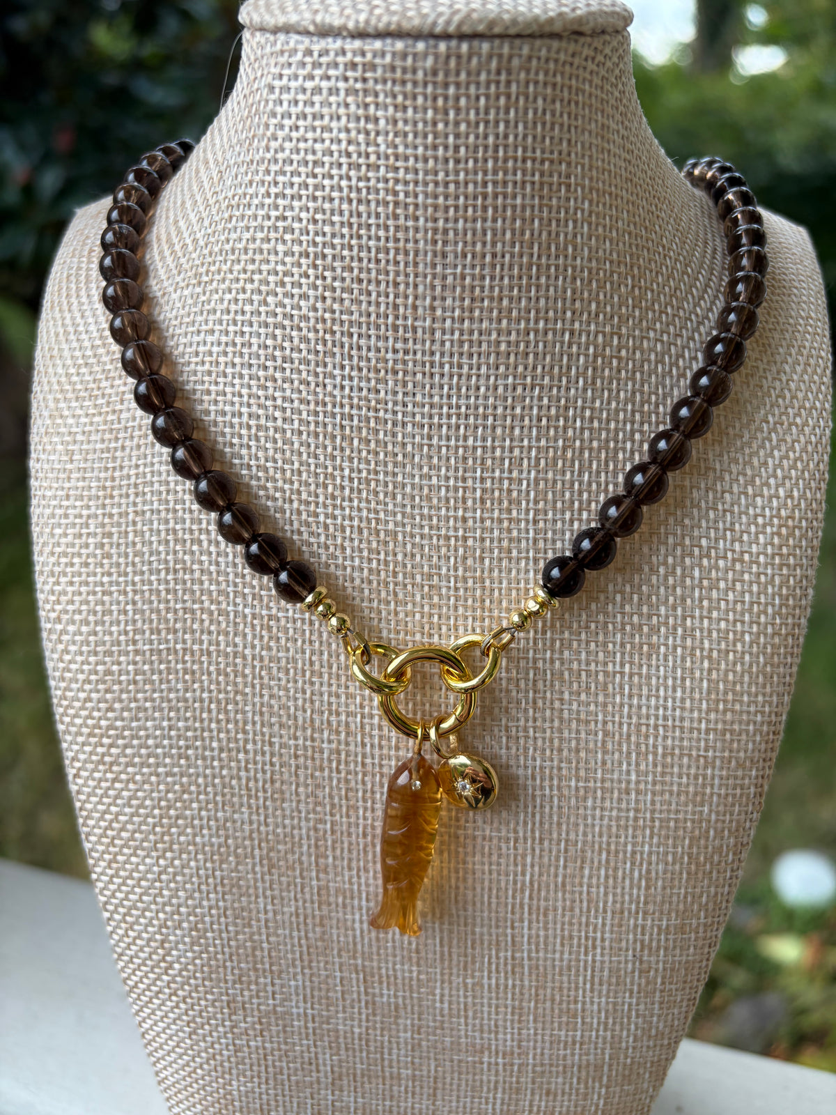 Smoky Quartz Beaded Necklace with Carved Fish Charm