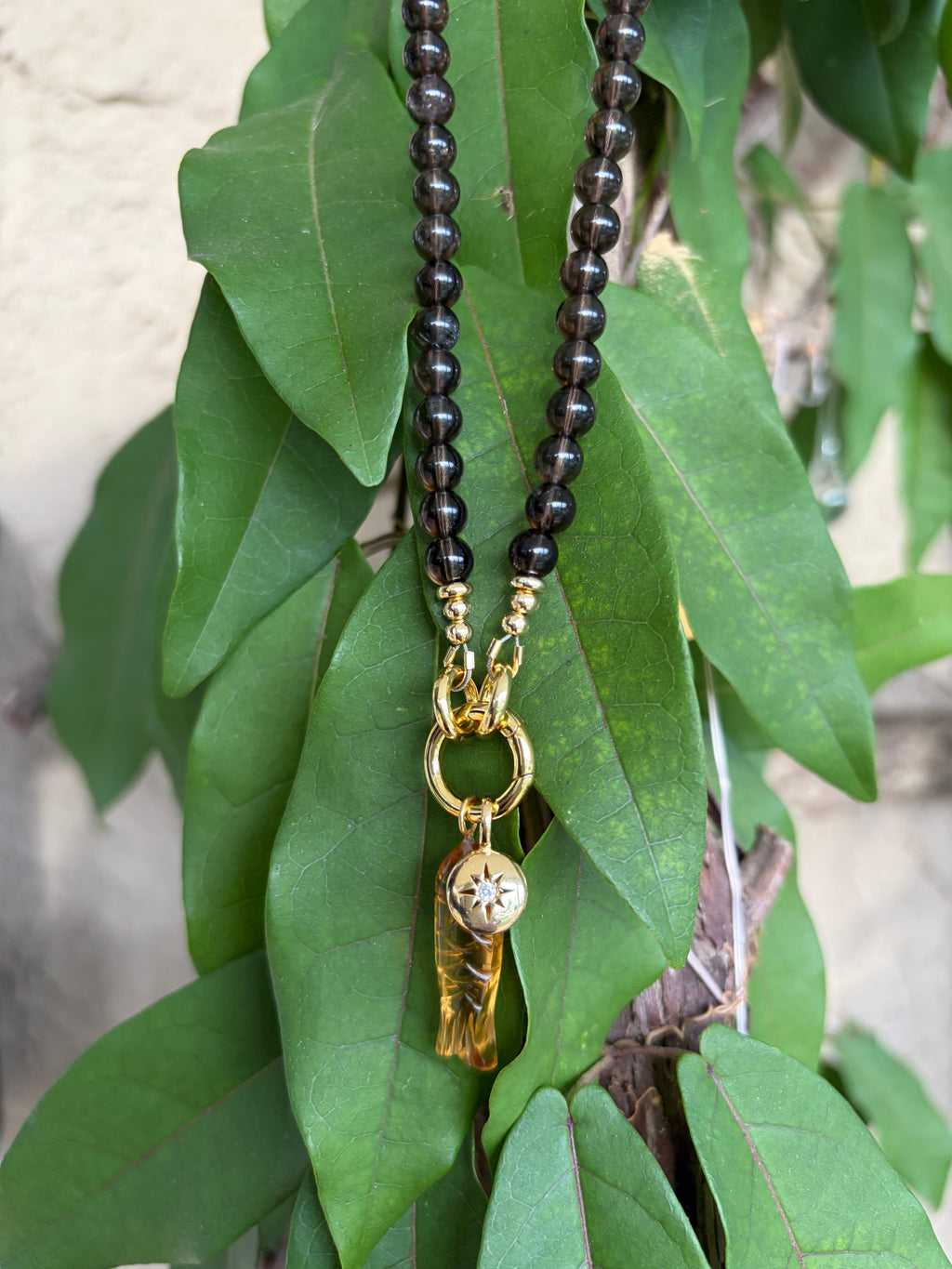 Smoky Quartz Beaded Necklace with Carved Fish Charm