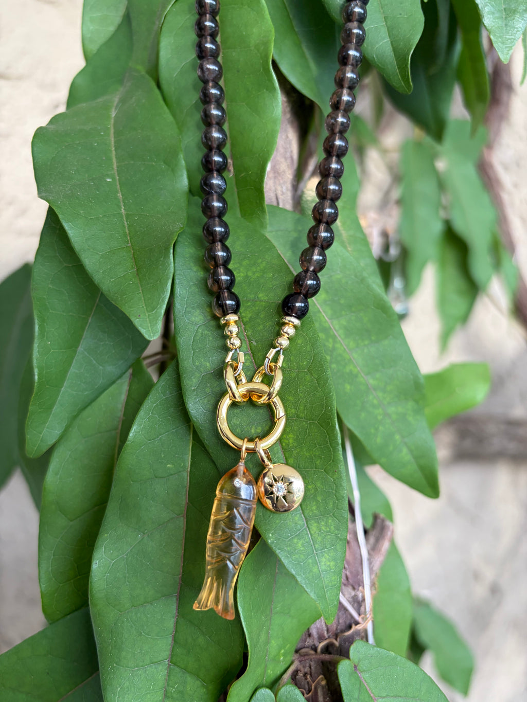 Smoky Quartz Beaded Necklace with Carved Fish Charm