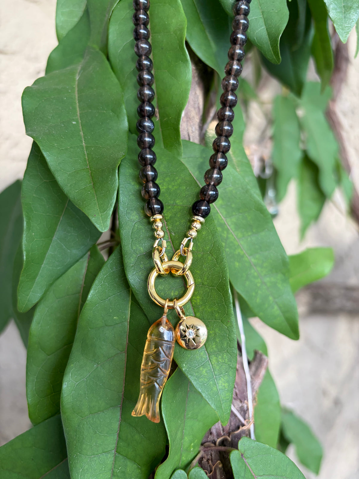 Smoky Quartz Beaded Necklace with Carved Fish Charm