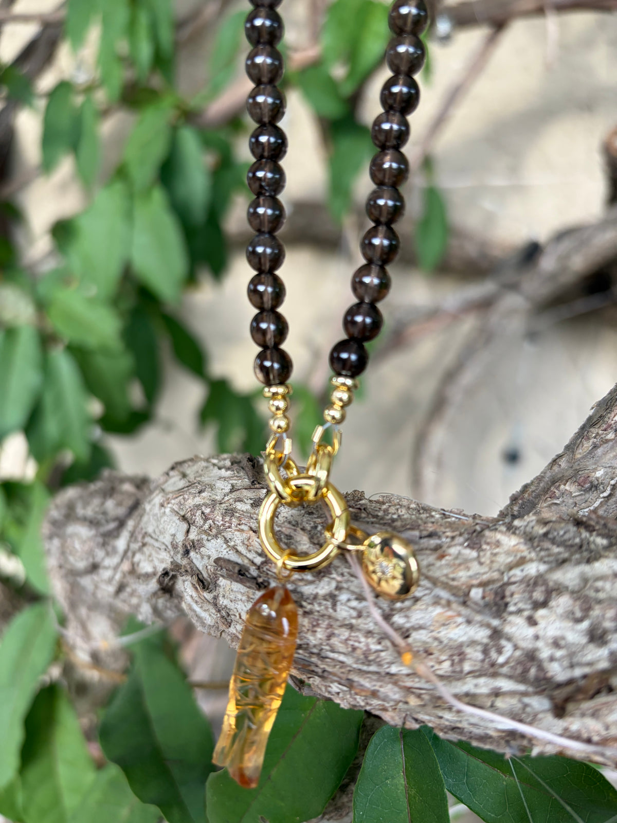 Smoky Quartz Beaded Necklace with Carved Fish Charm