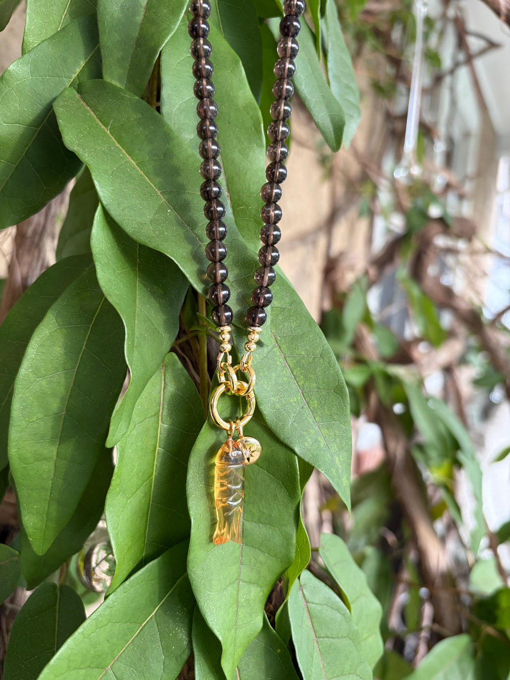Smoky Quartz Beaded Necklace with Carved Fish Charm