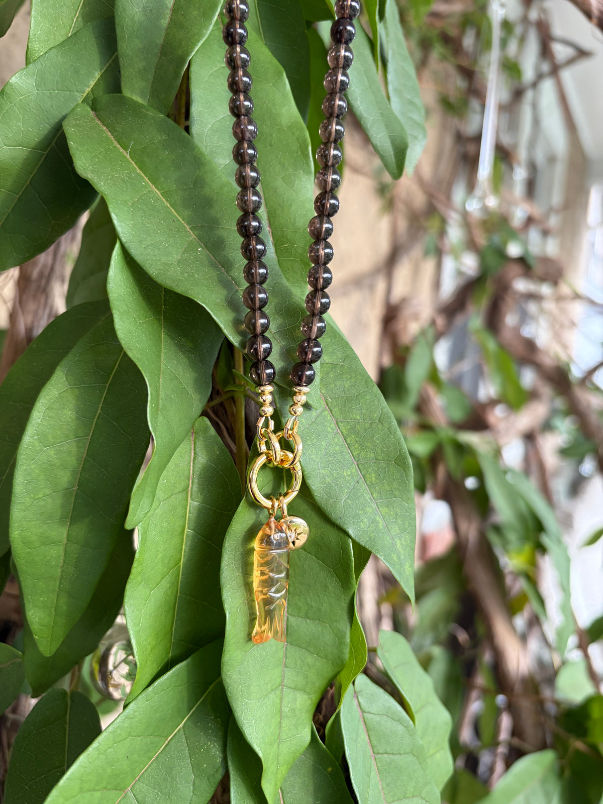 Smoky Quartz Beaded Necklace with Carved Fish Charm