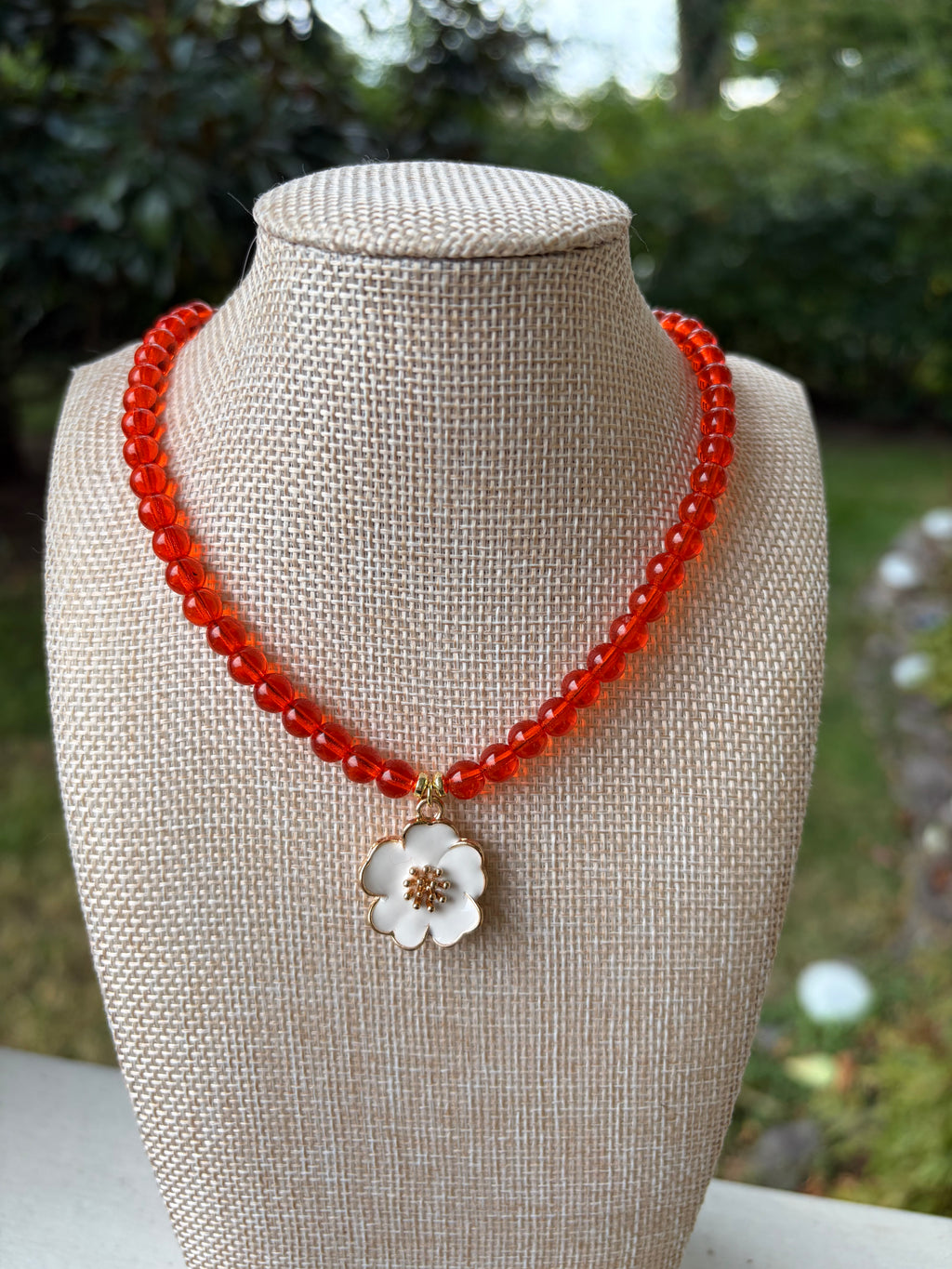 Orange Czech Glass Beads & Enamel Charm Necklace