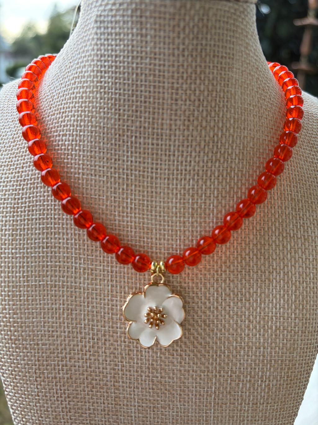 Orange Czech Glass Beads & Enamel Charm Necklace