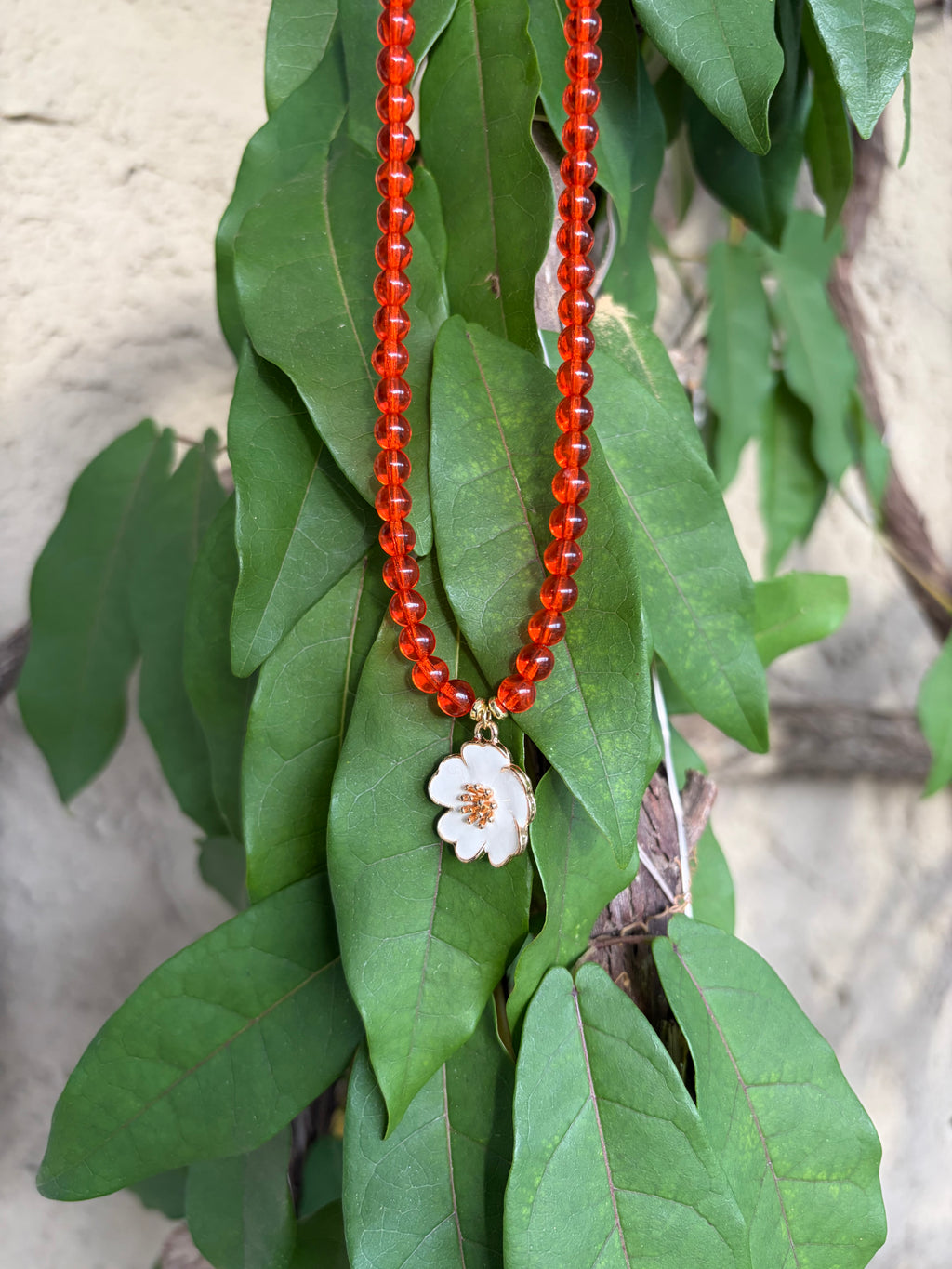 Orange Czech Glass Beads & Enamel Charm Necklace