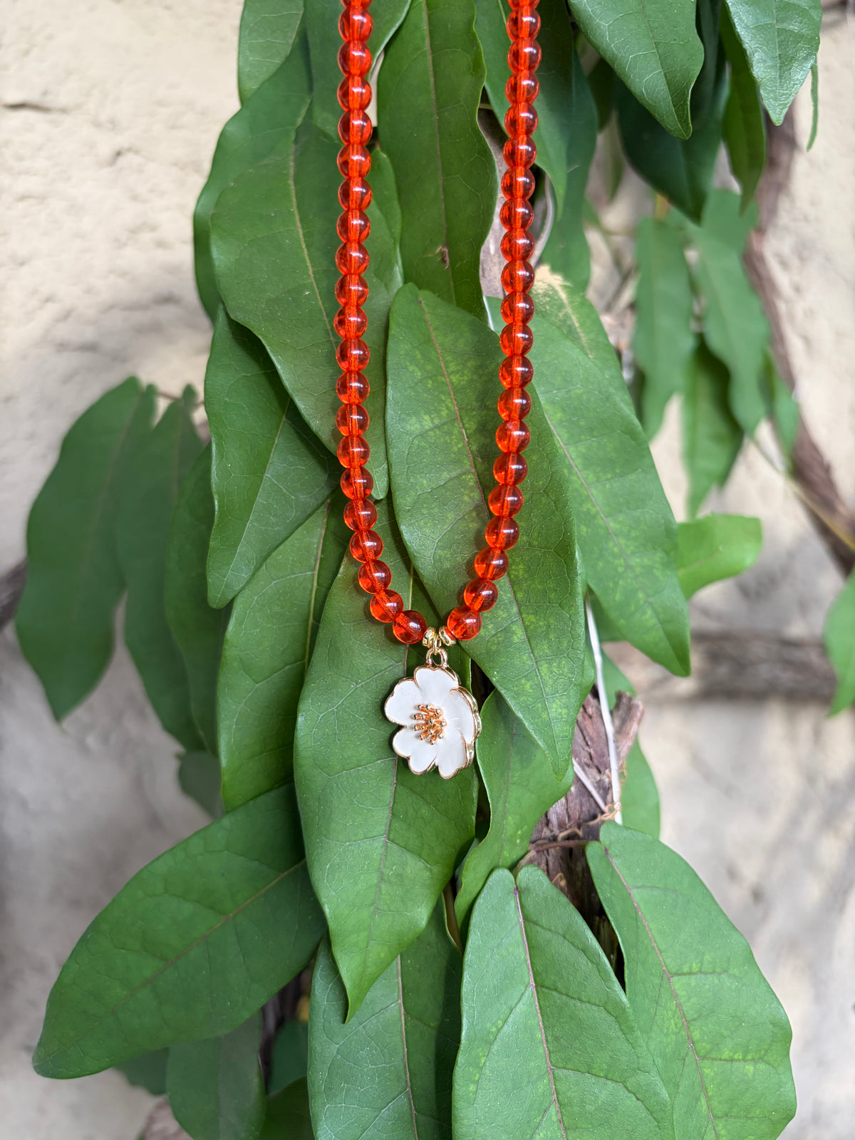 Orange Czech Glass Beads & Enamel Charm Necklace