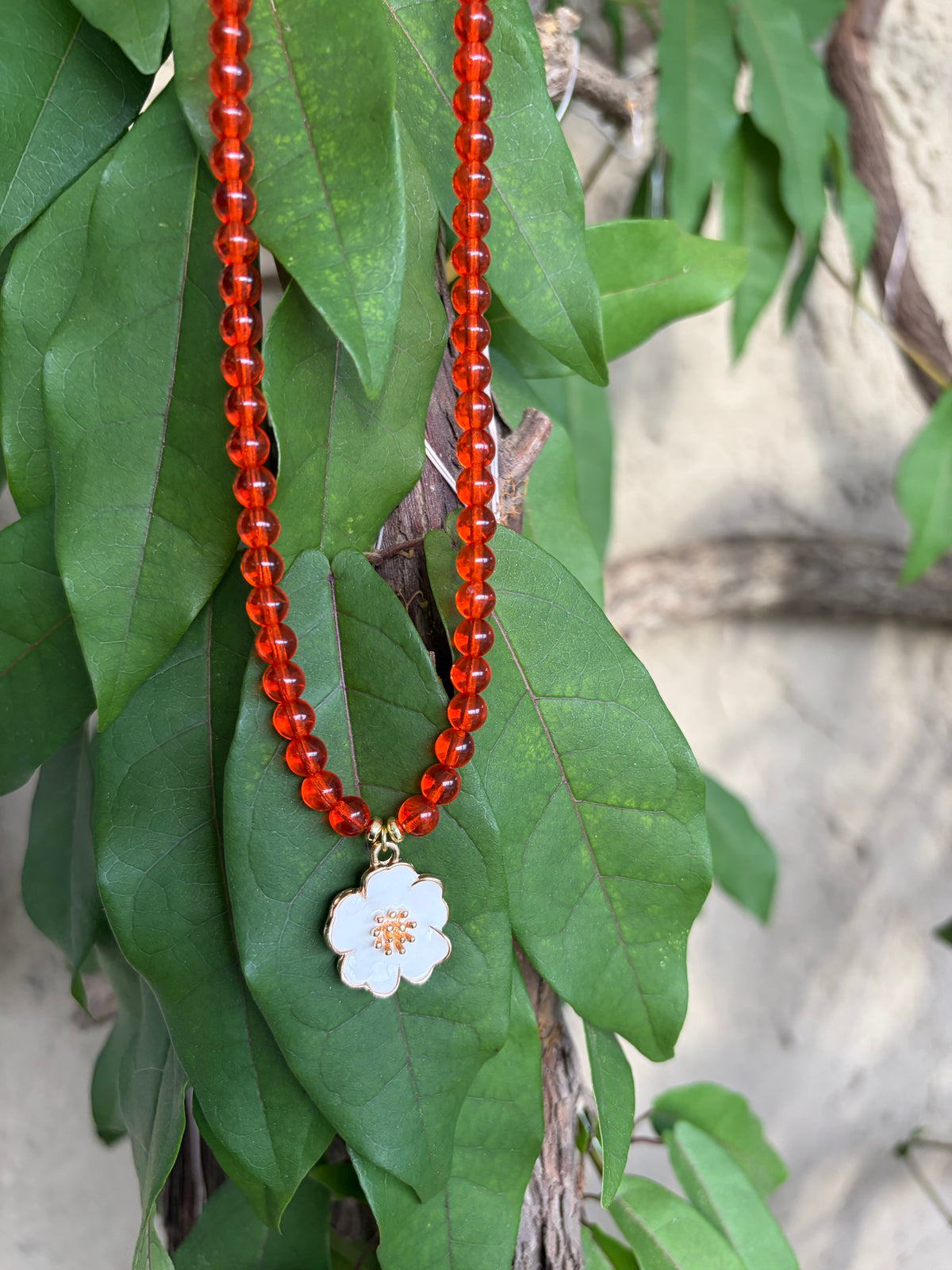 Orange Czech Glass Beads & Enamel Charm Necklace