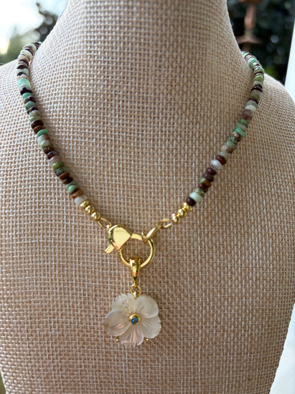 Australian Chrysoprase & Mother of Pearl Charm Necklace