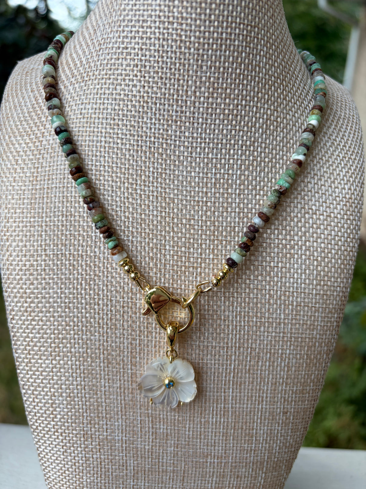 Australian Chrysoprase & Mother of Pearl Charm Necklace