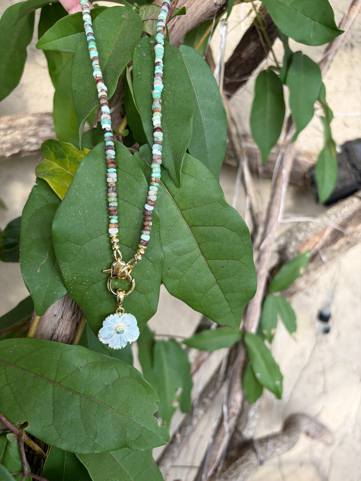 Australian Chrysoprase & Mother of Pearl Charm Necklace